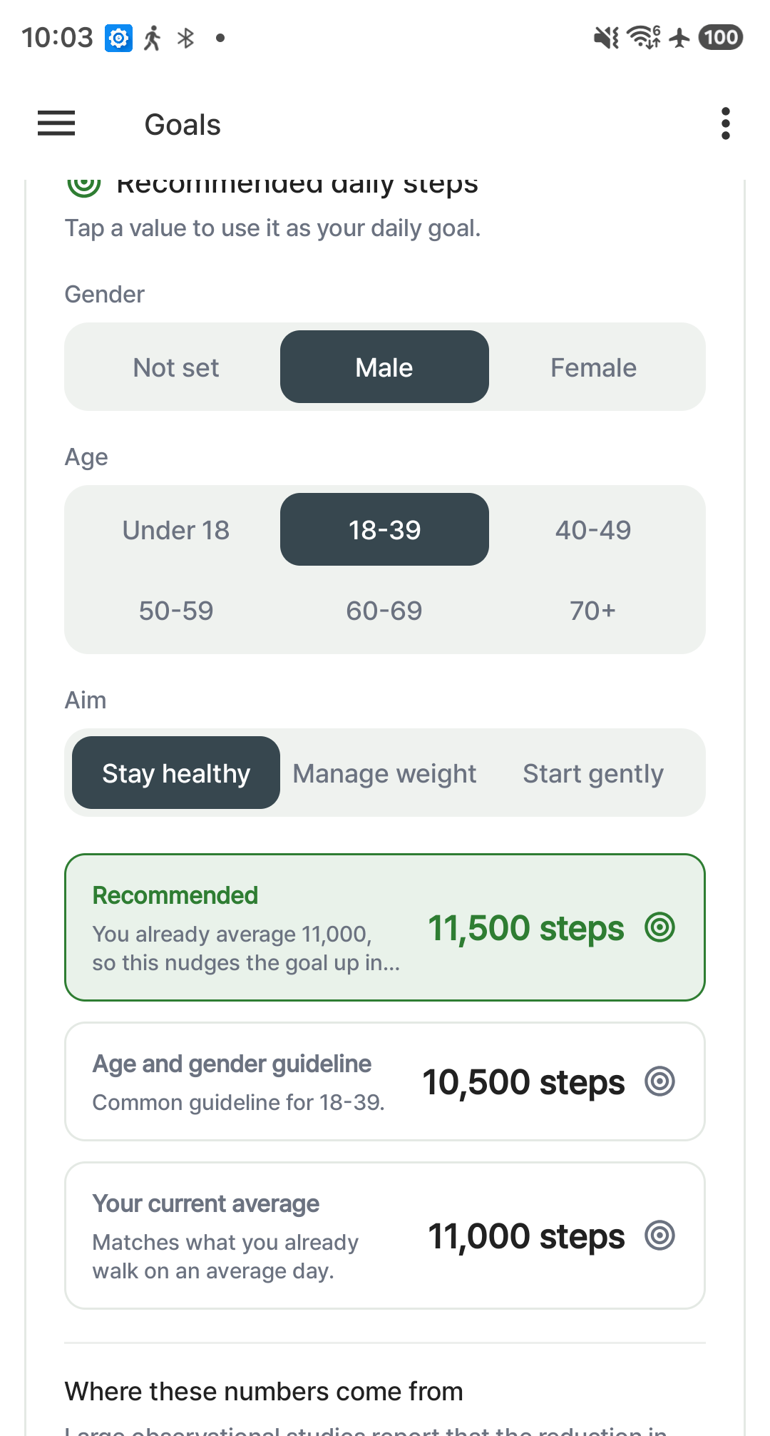 Recommended daily step goal